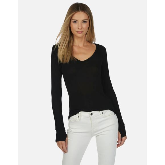 Michael Lauren Otis Black Ribbed V-neck Long Sleeve Top Medium Minimalist Layer - Picture 1 of 7